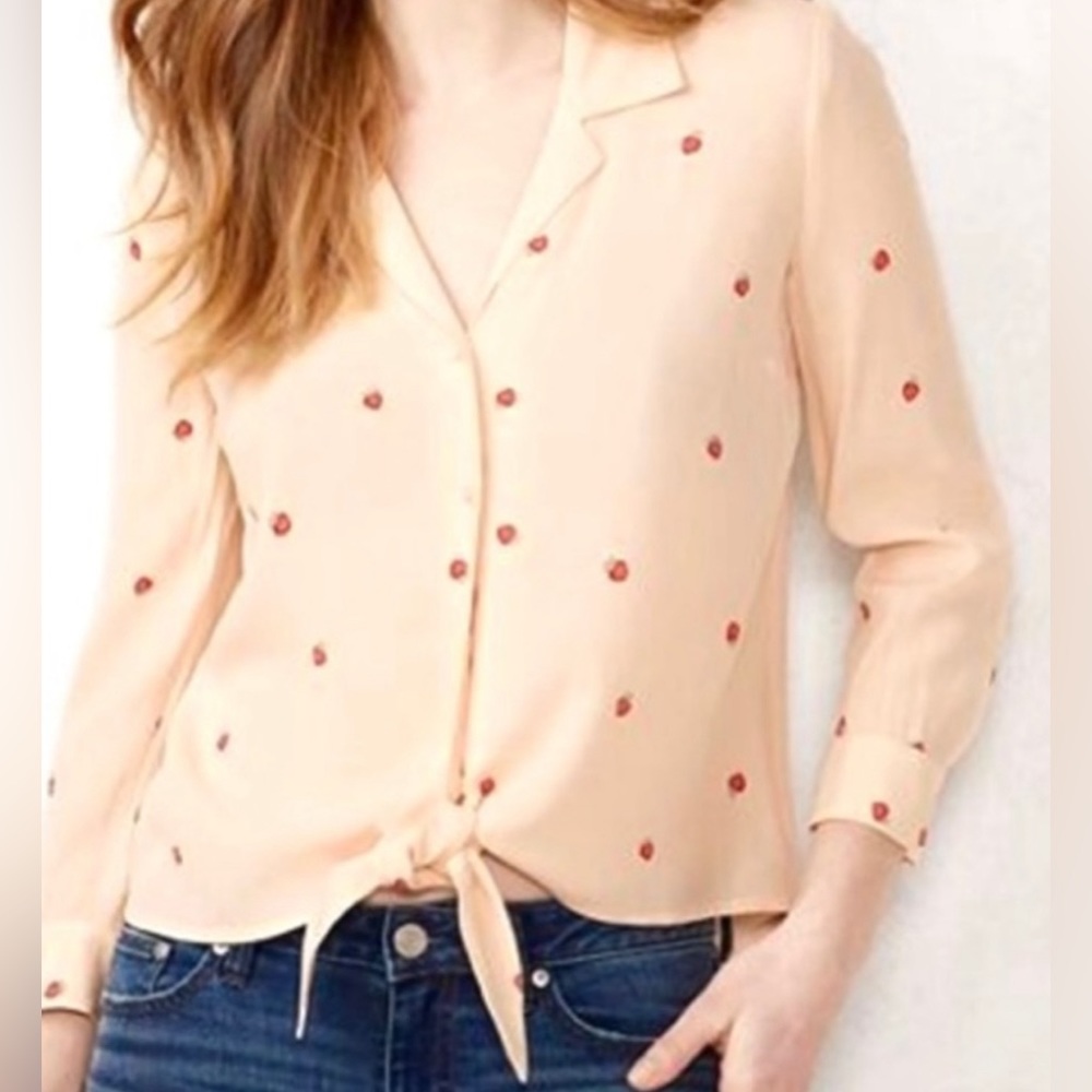 Lauren Conrad strawberries & cream button-down blouse with waist tie - Size M